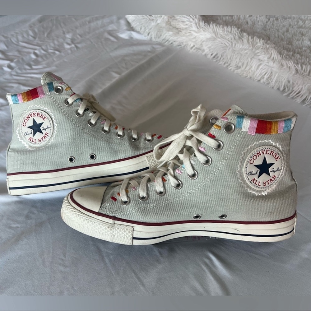 Converse High-Tops in Light Gray with Rainbow Accents